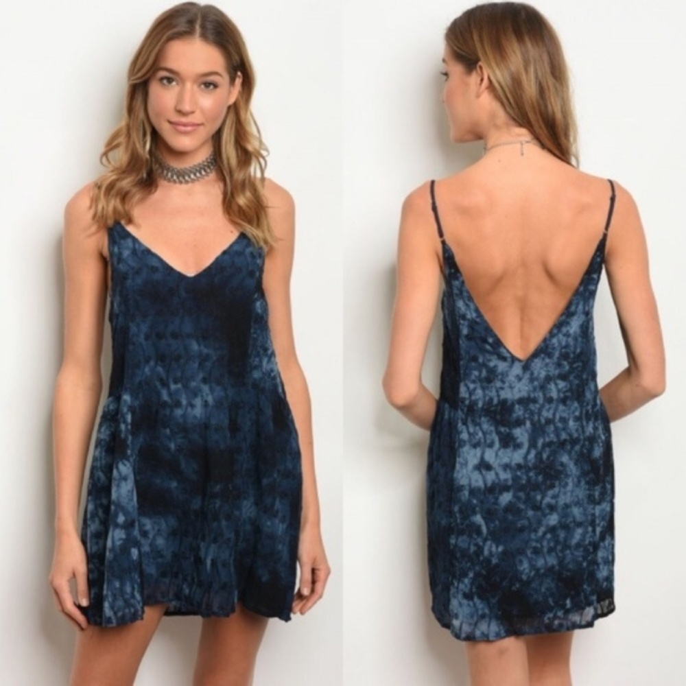 Blue Plunging Back Mini Dress